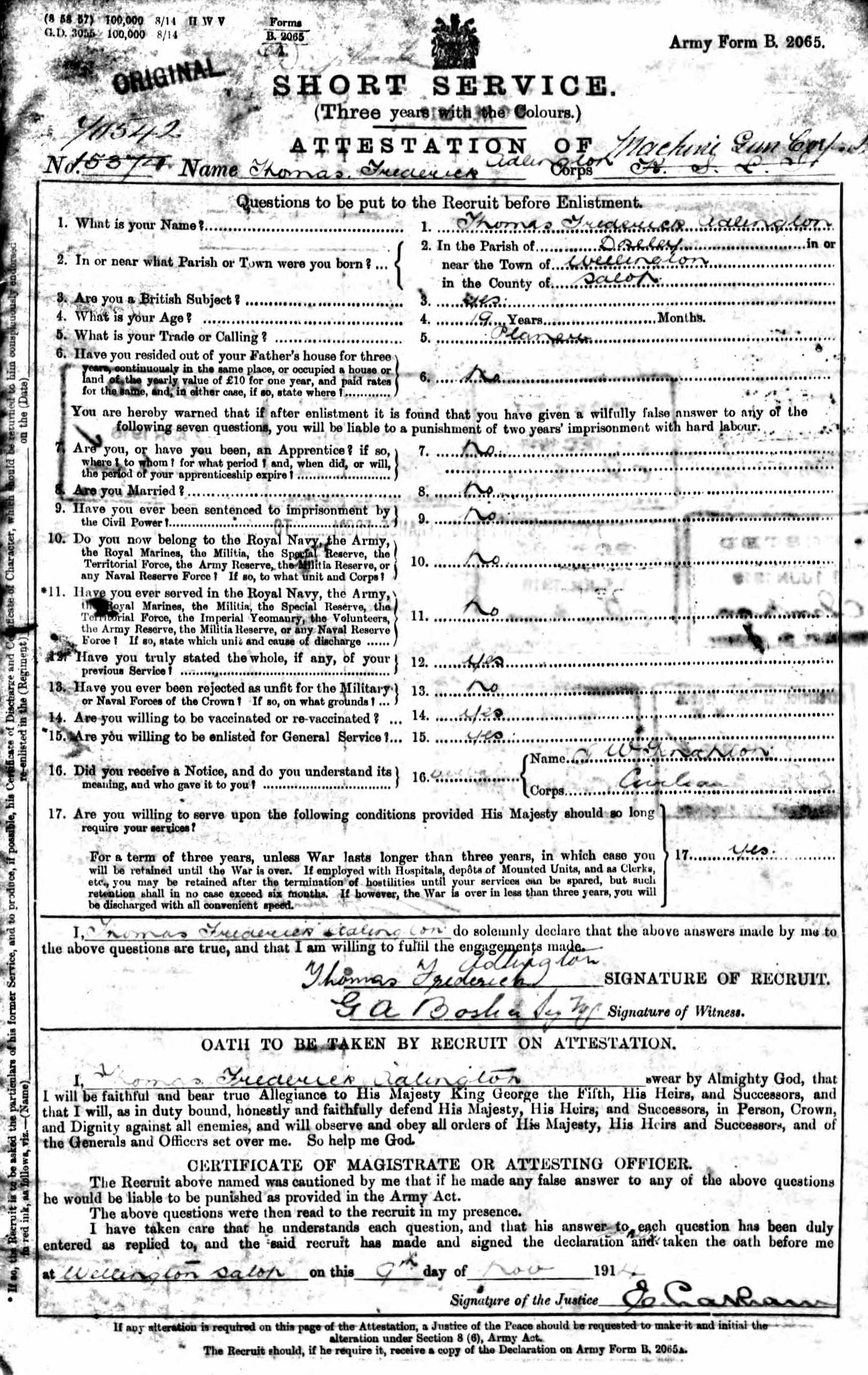 Service Record Thomas Frederick Adlington